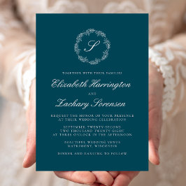 Turquoise Blauw Monogram Krans Wit Schrift Huwelij Kaart
