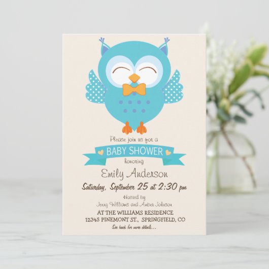 Turquoise Blauw & Paarse Jongen Uil Baby shower Kaart (Staand voorkant)