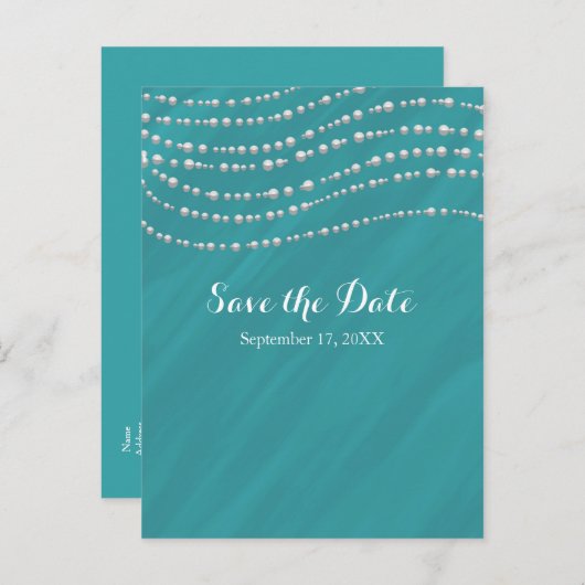 Turquoise Blauw & Parels Elegante Save The Date Aankondigingskaart (Voorkant / Achterkant)