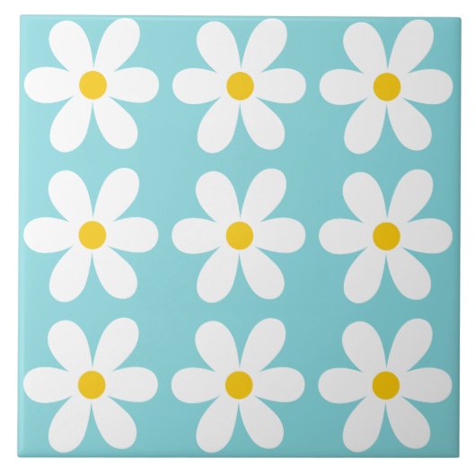 Turquoise blauw Retro Daisy Bloemen Patroon Tegeltje (Voorkant)