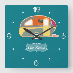 Turquoise Blauw Retro Vintage Caravan Design Vierkante Klok