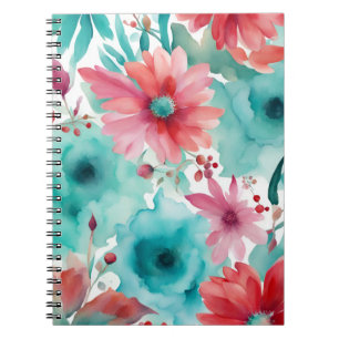 Turquoise blauw Rode Aquarel Lente Bloemen   Notitieboek
