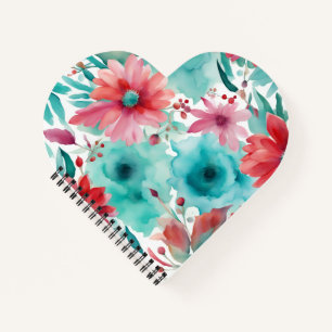 Turquoise blauw Rode Aquarel Lente Bloemen   Notitieboek