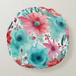 Turquoise blauw Rode Aquarel Lente Bloemen   Rond Kussen