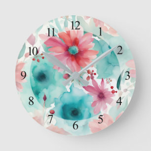 Turquoise blauw Rode Aquarel Lente Bloemen Ronde Klok