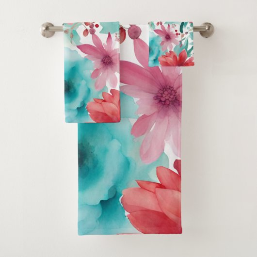 Turquoise blauw Rode Waterverf Spring Flowers Bad Handdoek (Insitu)