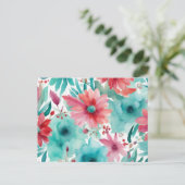 Turquoise blauw Rode Waterverf Spring Flowers Briefkaart (Staand voorkant)