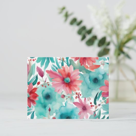 Turquoise blauw Rode Waterverf Spring Flowers Briefkaart (Staand voorkant)