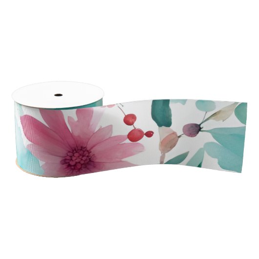 Turquoise blauw Rode Waterverf Spring Flowers Grosgrain Lint (Spoel)