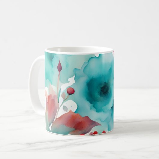 Turquoise blauw Rode Waterverf Spring Flowers Koffiemok (Voorkant links)