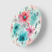 Turquoise blauw Rode Waterverf Spring Flowers Ronde Klok (Hoek)