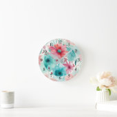 Turquoise blauw Rode Waterverf Spring Flowers Ronde Klok (Huis)