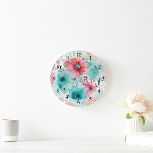 Turquoise blauw Rode Waterverf Spring Flowers Ronde Klok (Huis)
