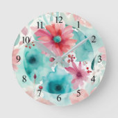 Turquoise blauw Rode Waterverf Spring Flowers Ronde Klok (Voorkant)