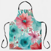 Turquoise blauw Rode Waterverf Spring Flowers Schort (Voorkant)