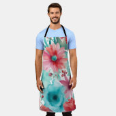 Turquoise blauw Rode Waterverf Spring Flowers Schort (Gedragen)