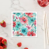 Turquoise blauw Rode Waterverf Spring Flowers Servet (Insitu)