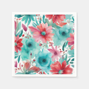Turquoise blauw Rode Waterverf Spring Flowers Servet