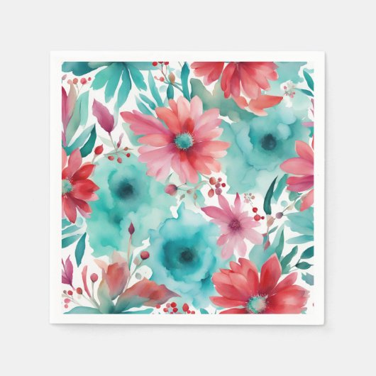Turquoise blauw Rode Waterverf Spring Flowers Servet (Voorkant)