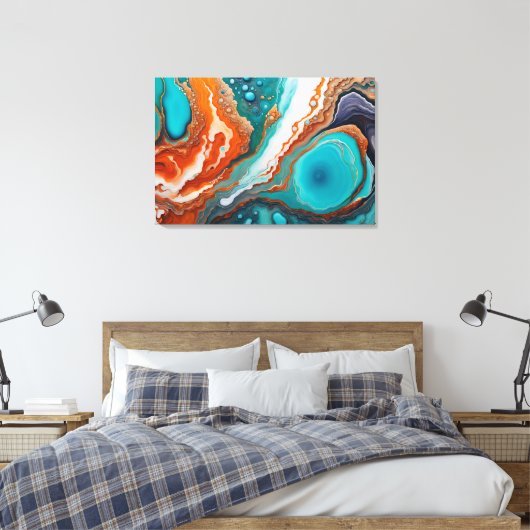 Turquoise blauw, roest en goudverf abstract canvas afdruk (Insitu (Slaapkamer))