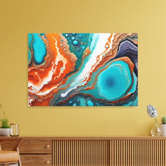 Turquoise blauw, roest en goudverf abstract canvas afdruk (Insitu (Woonkamer))
