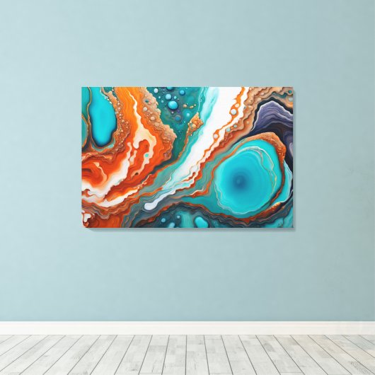 Turquoise blauw, roest en goudverf abstract canvas afdruk (Insitu (Houten vloer))