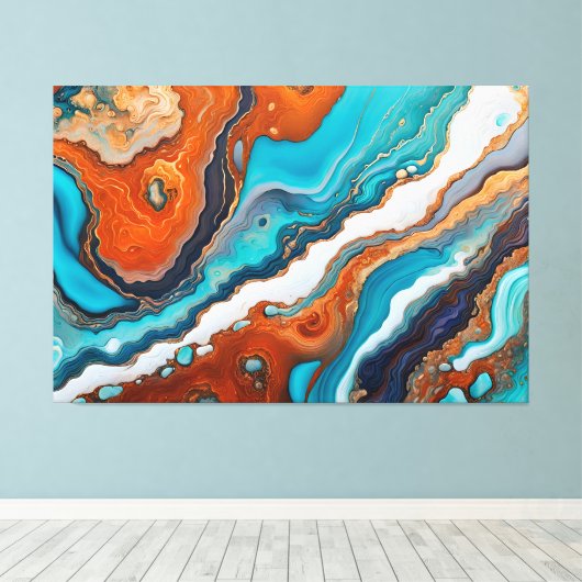 Turquoise blauw, roest en goudverf abstract canvas afdruk (Insitu (Houten vloer))