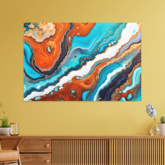 Turquoise blauw, roest en goudverf abstract canvas afdruk (Insitu (Woonkamer))