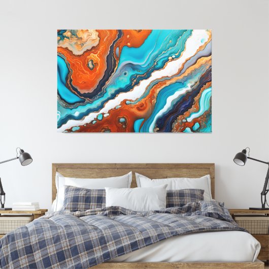 Turquoise blauw, roest en goudverf abstract canvas afdruk (Insitu (Slaapkamer))