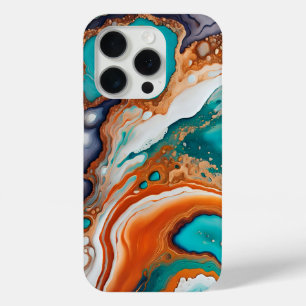 Turquoise blauw, roest en goudverf abstract iPhone 15 pro case