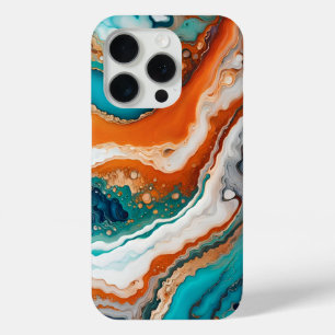 Turquoise blauw, roest en goudverf abstract iPhone 15 pro case