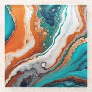Turquoise blauw, roest en goudverf abstract glazen onderzetter