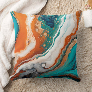 Turquoise blauw, roest en goudverf abstract kussen