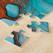 Turquoise blauw, roest en goudverf abstract legpuzzel (Zijkant)