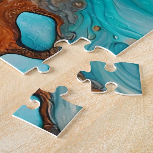 Turquoise blauw, roest en goudverf abstract legpuzzel (Zijkant)
