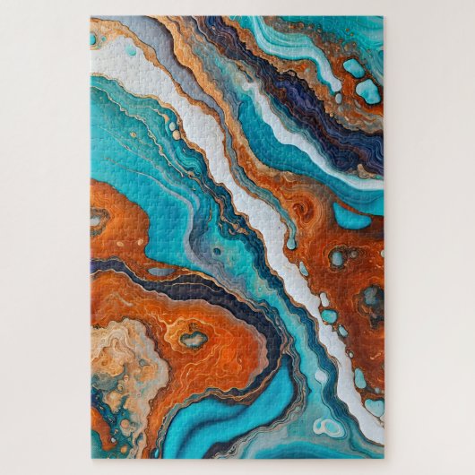 Turquoise blauw, roest en goudverf abstract legpuzzel (Verticaal)