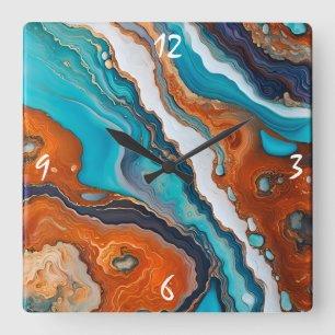 Turquoise blauw, roest en goudverf abstract vierkante klok