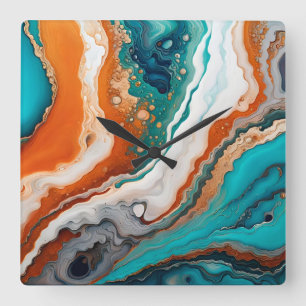Turquoise blauw, roest en goudverf abstract vierkante klok