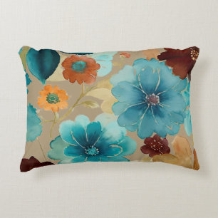Turquoise blauw, rood, roest en bronzen bloemen accent kussen
