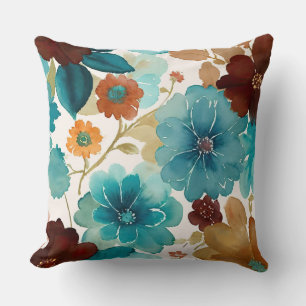 Turquoise blauw, rood, roest en bronzen bloemen kussen