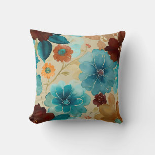 Turquoise blauw, rood, roest en bronzen bloemen kussen