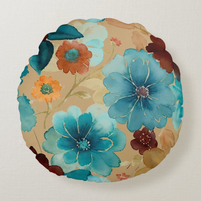 Turquoise blauw, rood, roest en bronzen bloemen rond kussen (Voorkant)