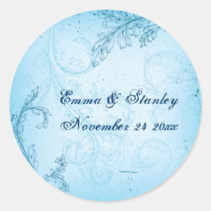 turquoise blauw scroll blad bruiloft ronde sticker