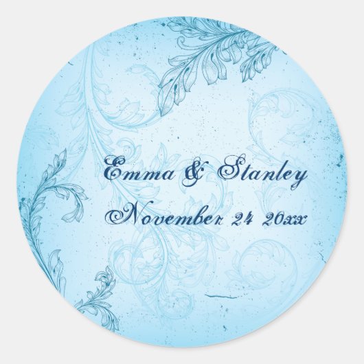  turquoise blauw scroll blad bruiloft ronde sticker (Voorkant)