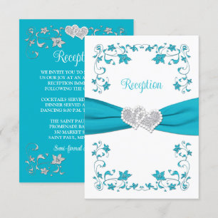 Turquoise blauw, Silver Love Hearts Receptie Kaart