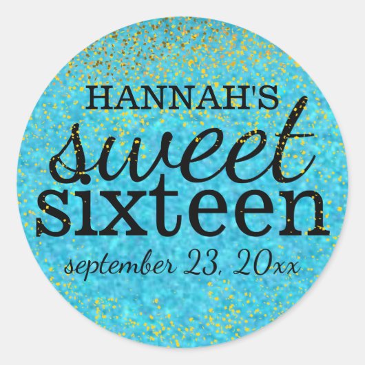 Turquoise Blauw Sweet 16 Party Sticker Gouden Glit (Voorkant)
