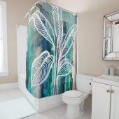 Turquoise Blauw & Teal Modern Botanische Waterverf Douchegordijn (In situ)