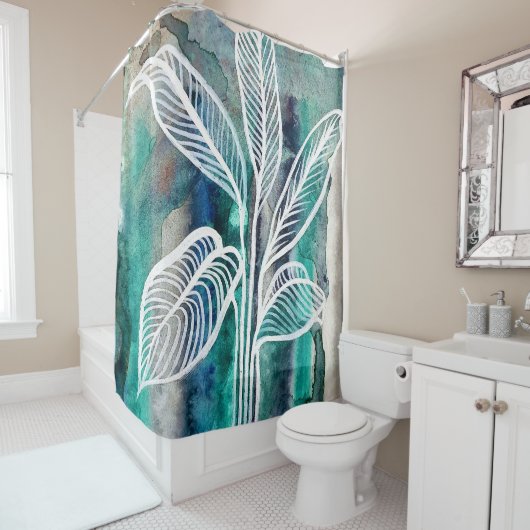 Turquoise Blauw & Teal Modern Botanische Waterverf Douchegordijn (In situ)