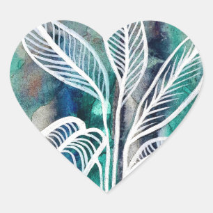 Turquoise Blauw & Teal Modern Botanische Waterverf Hart Sticker
