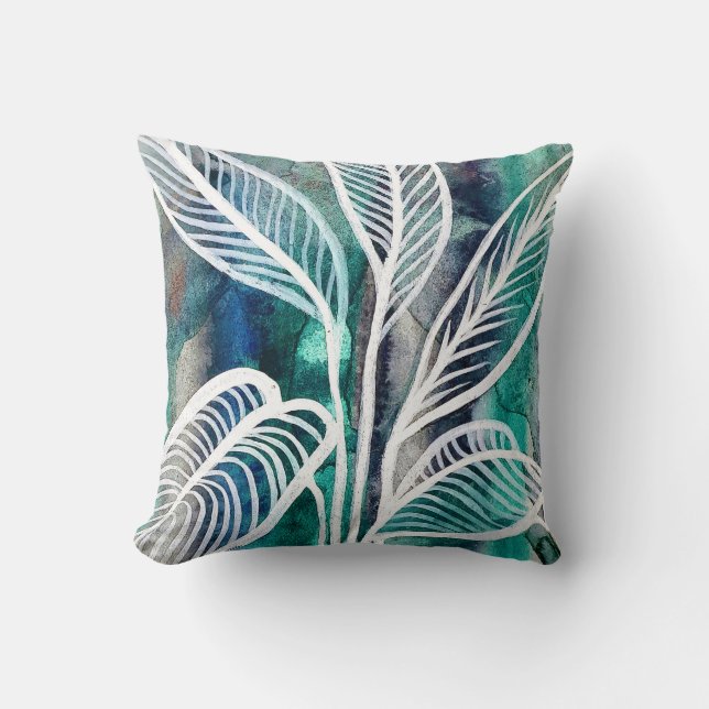 Turquoise Blauw & Teal Modern Botanische Waterverf Kussen (Voorkant)